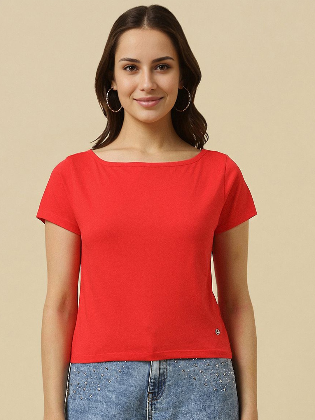 

Allen Solly Woman Boat Neck Cotton Top, Red