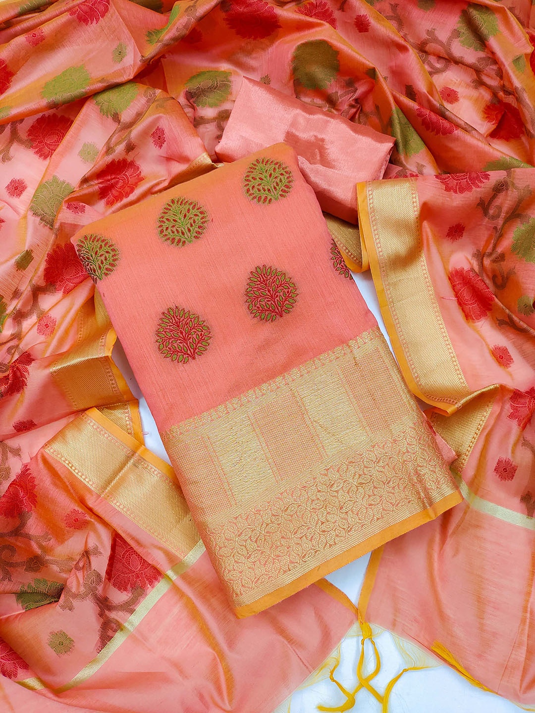

Maroosh Ethnic Motifs Woven Design Banarasi Jacquard Unstitched Dress Material, Peach