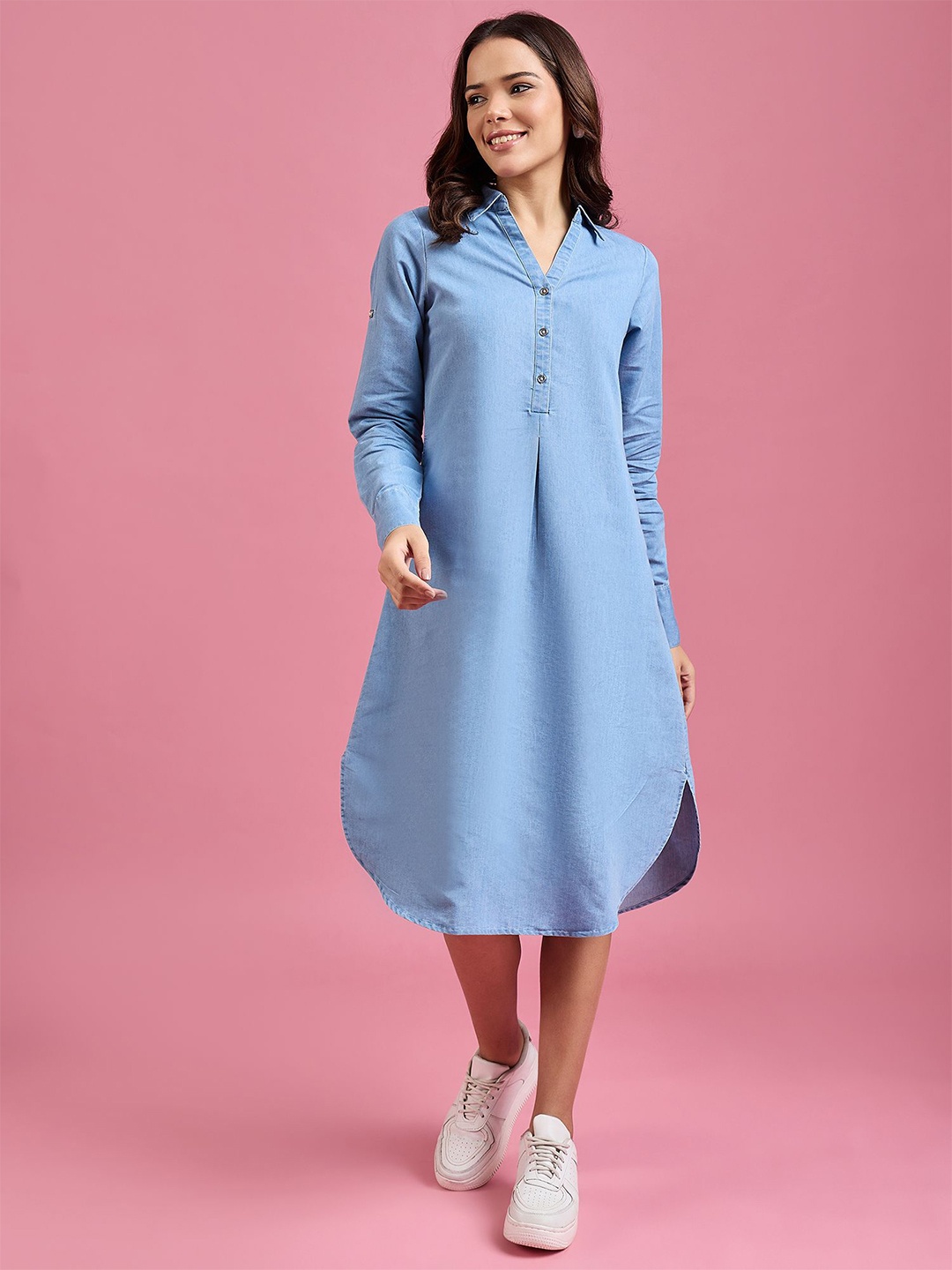 

DressBerry Women Shirt Collar Denim A-Line Midi Dress, Blue