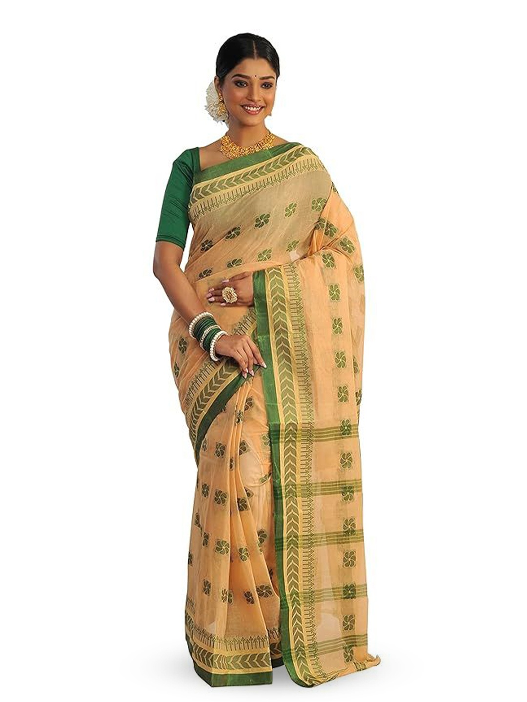 

RAJ SAREE HOUSE Ethnic Motifs Pure Cotton Taant Saree, Off white