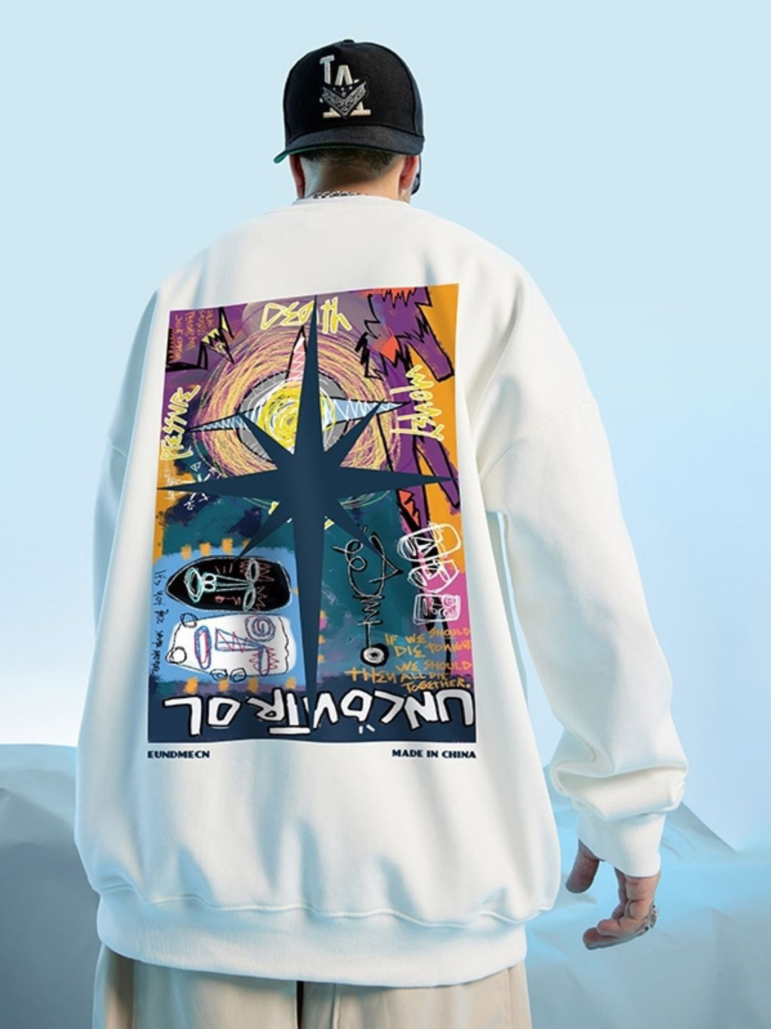 

KPOP Men Round Neck Printed Sweatshirt, White