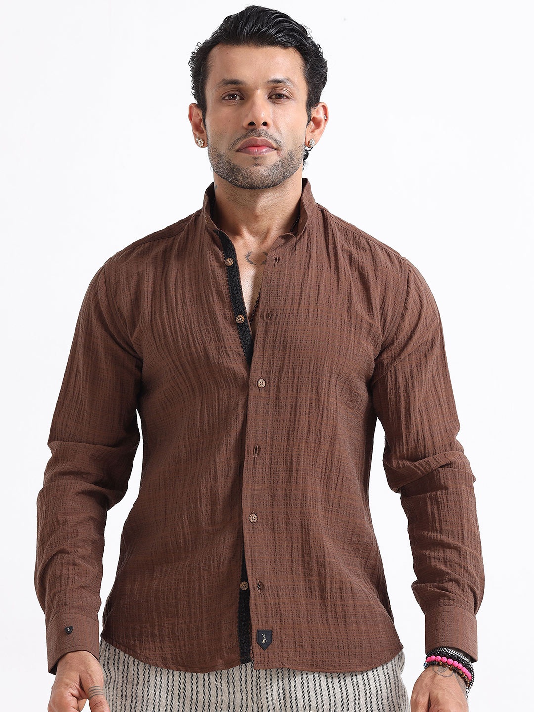 

Italian Colony Premium Crushed Mandarin Casual Shirt, Brown