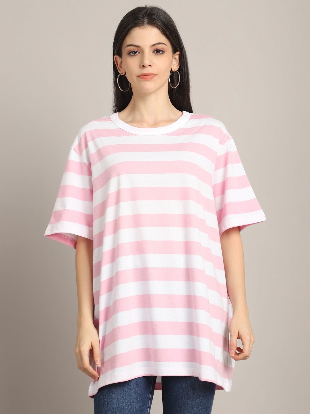 

Rute Women Striped Drop-Shoulder Sleeves Pure Cotton Pockets T-shirt, Pink