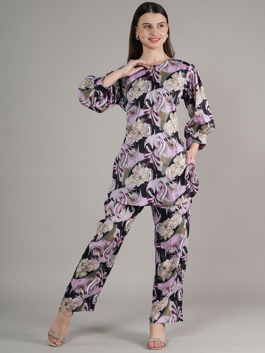 

BAESD Floral Printed Regular Tunic with Palazzos, Purple