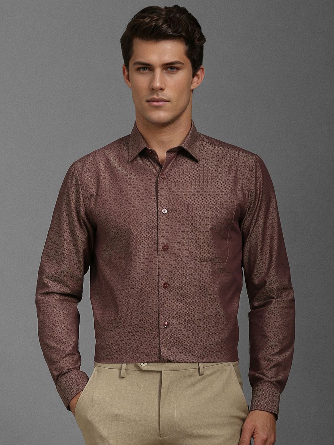 

Louis Philippe Men Slim Fit Opaque Printed Formal Shirt, Brown