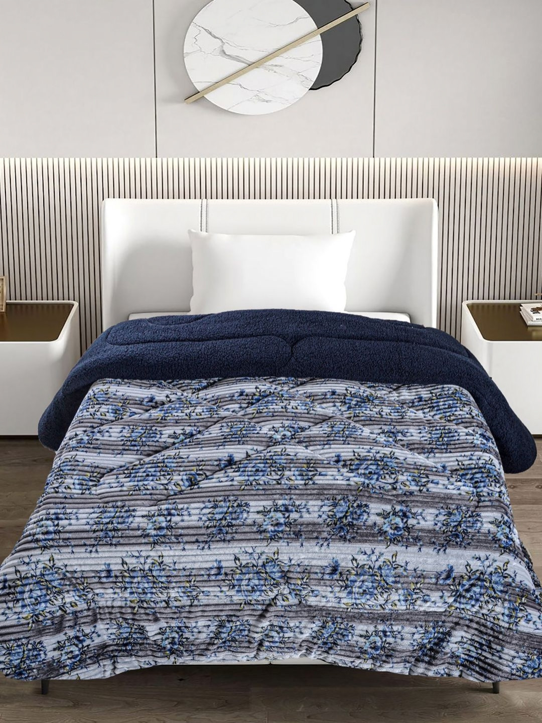 

FABINALIV Grey & Blue Floral 950 GSM Woollen Heavy Winter Single Bed Quilt