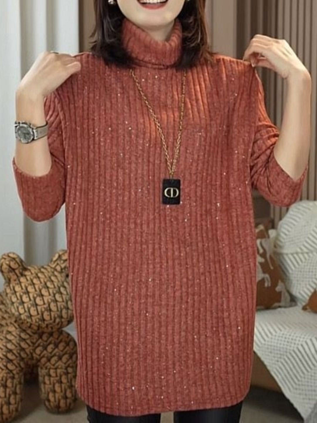 

HERE&NOW Women Turtle Neck Longline Pullover, Brown