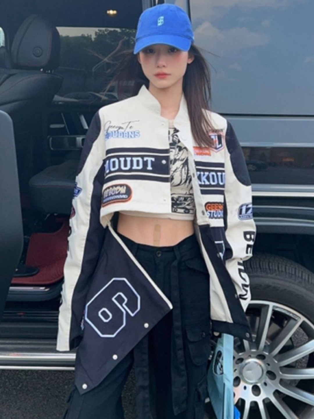 

KPOP Women Typography Crop Open Front Jacket, White