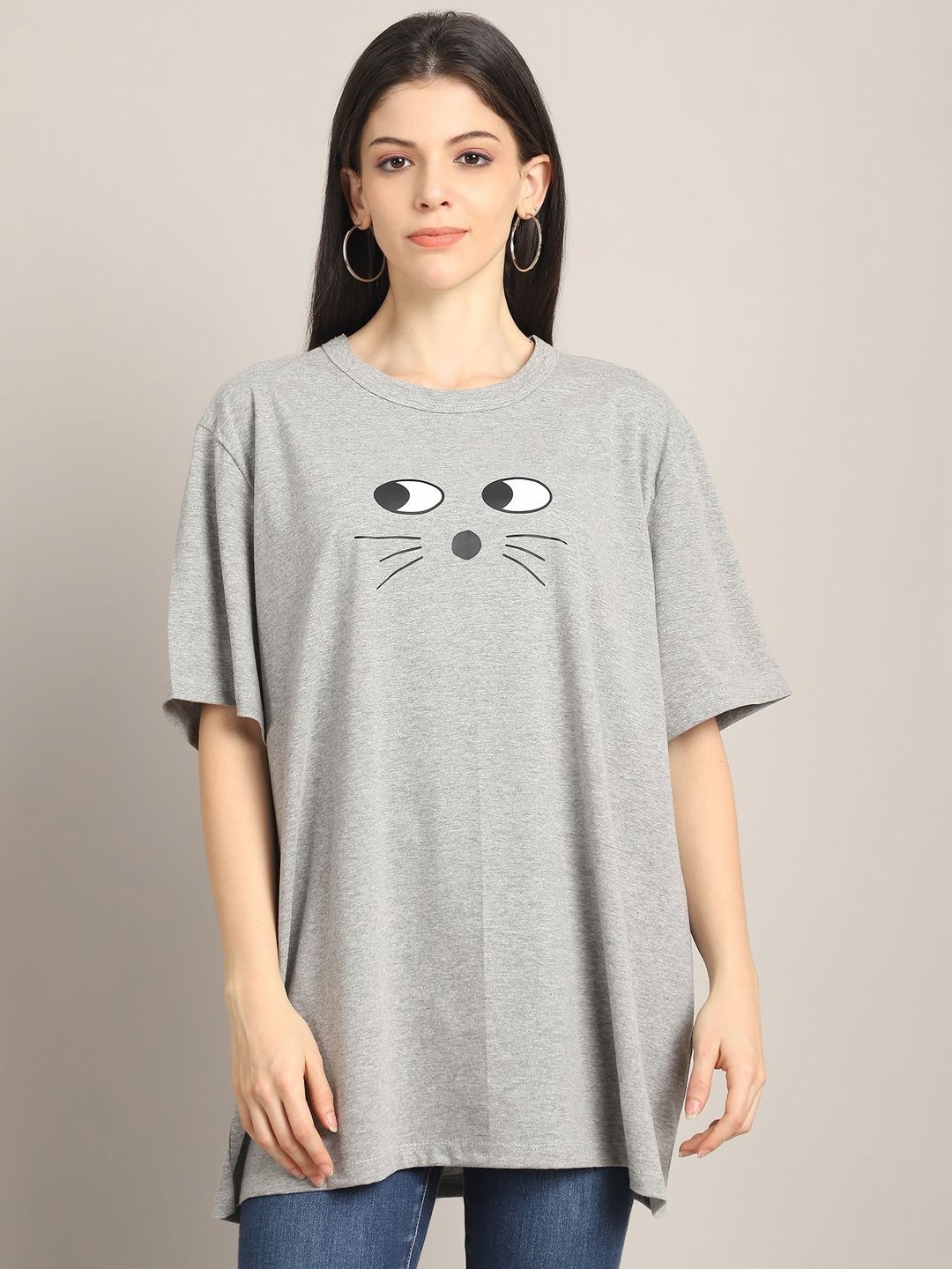 

Rute Women Printed Extended Sleeves Pure Cotton T-shirt, Grey