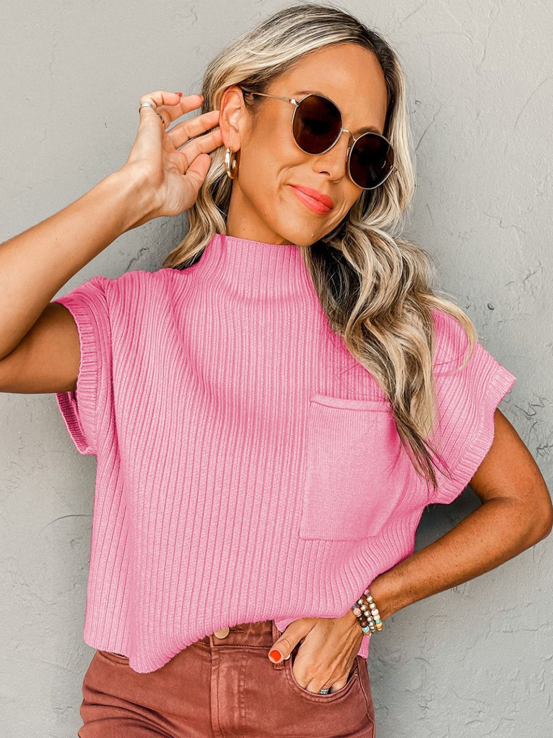 

HERE&NOW Women Cable Knit Turtle Neck Pullover Sweaters, Pink
