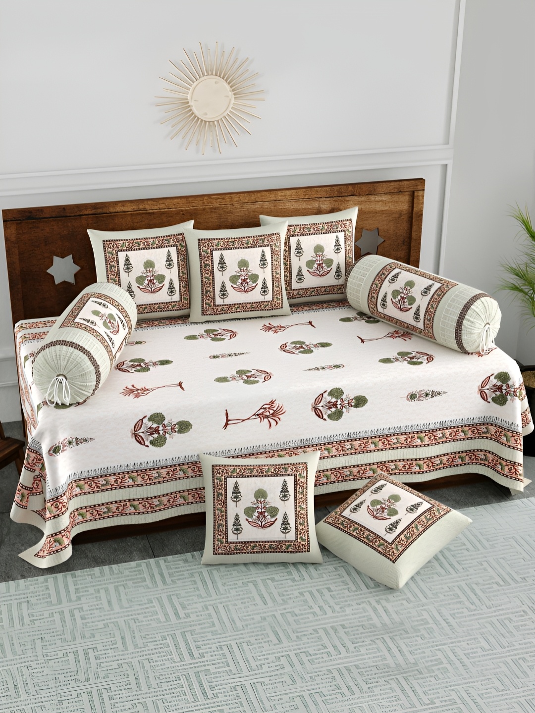 

BLOCKS OF INDIA White & Brown 8 Pieces Ethinic Motifs Printed Cotton Diwan Set