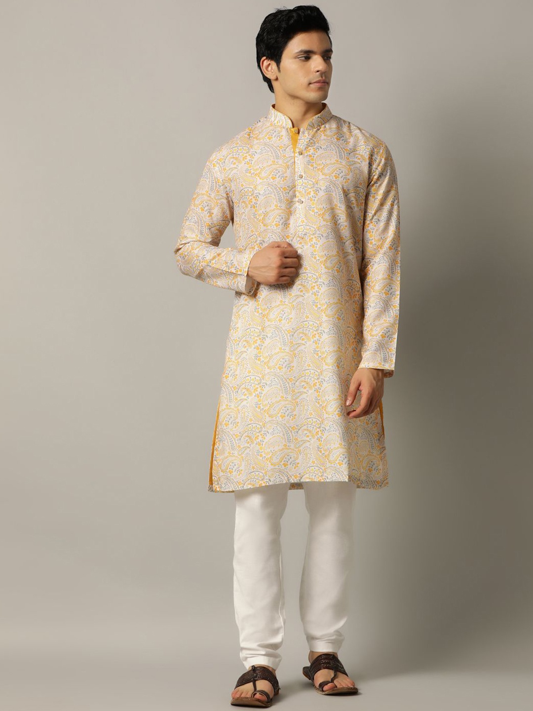 

THE KURTA COMPANY Mandarin Collar Paisley Printed Straight Kurta, White