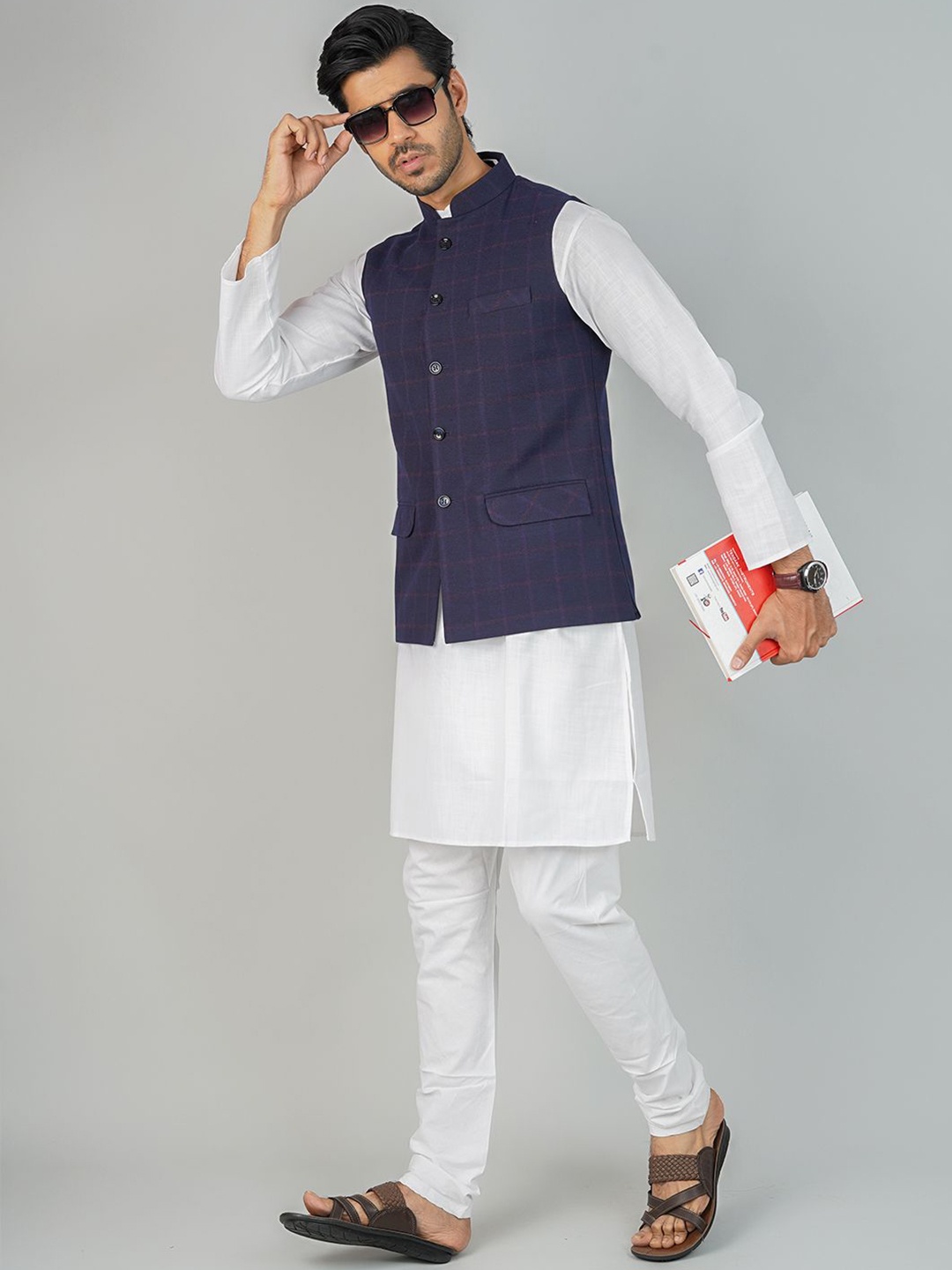

Wintage Mandarin Collar Cotton Silk Straight Kurta with Pyjamas & Nehru Jacket, Blue