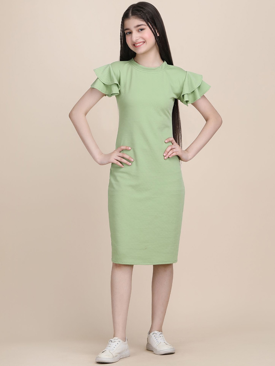 

DEKLOOK Girls Flared Sleeve Bodycon Midi Dress, Green