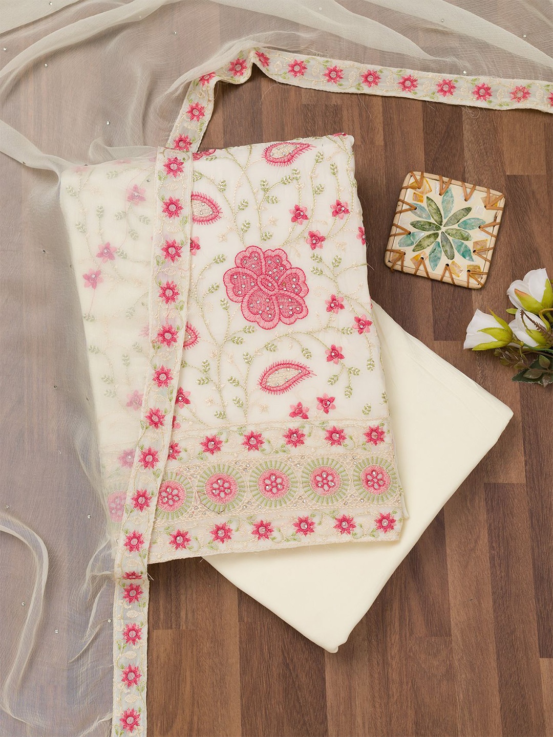 

Koskii Floral Embroidered Unstitched Dress Material, White