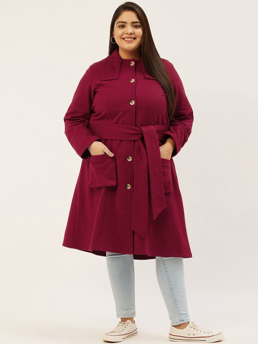 

theRebelinme Women Cotton Plus Size Single-Breasted Longline Winter Coat, Maroon