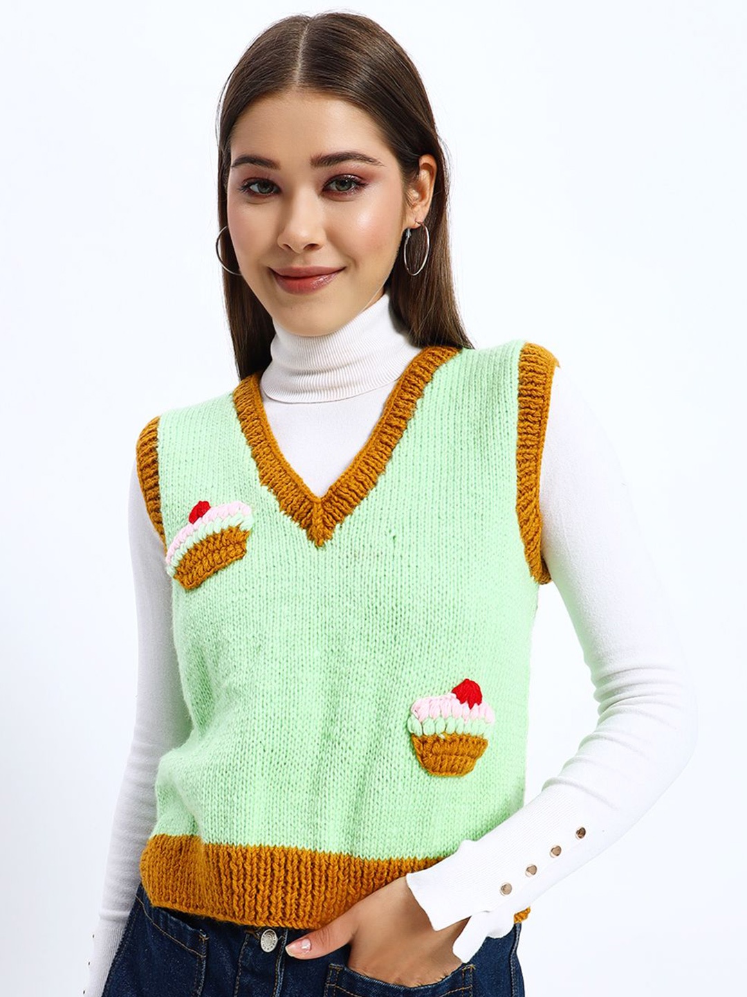 

Sugercandy Women Ribbed V-neck Woollen Sweater Vest, Green