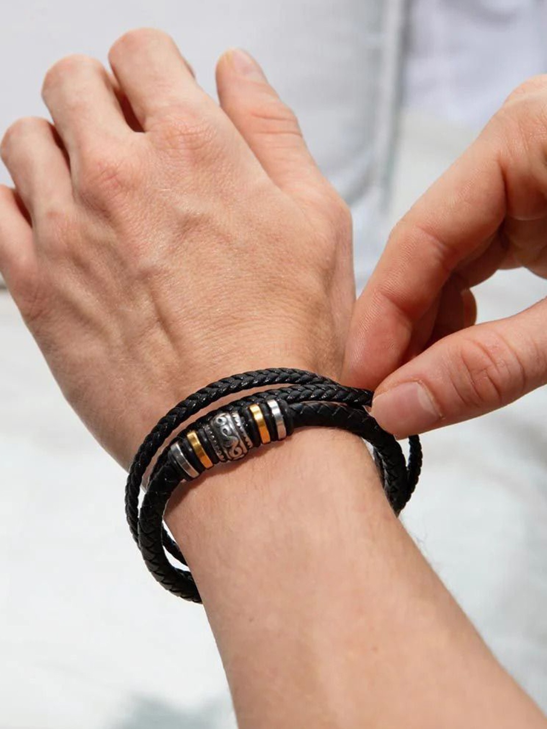

Fashion Frill Men Alpha Starvos Leather Silver-Plated Multistrand Bracelet, Black