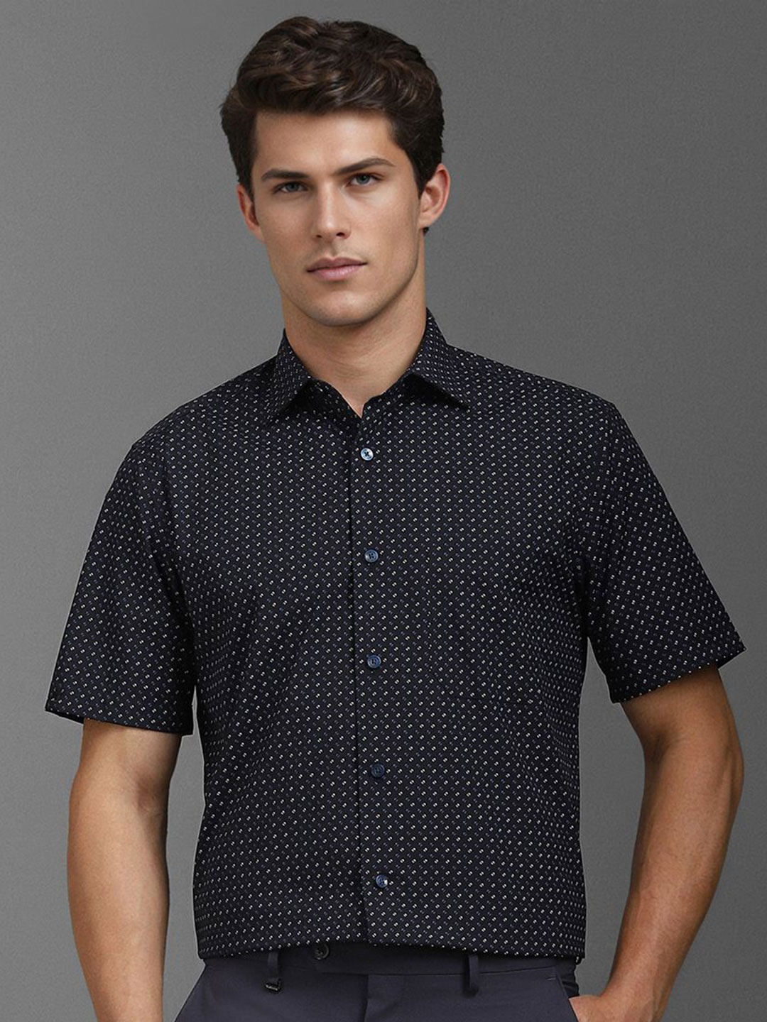 

Louis Philippe Men Classic Opaque Printed Formal Shirt, Navy blue