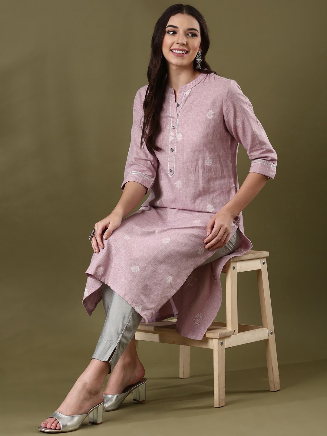 

Anouk Pink Geometric Woven Design Pure Cotton Straight Kurta