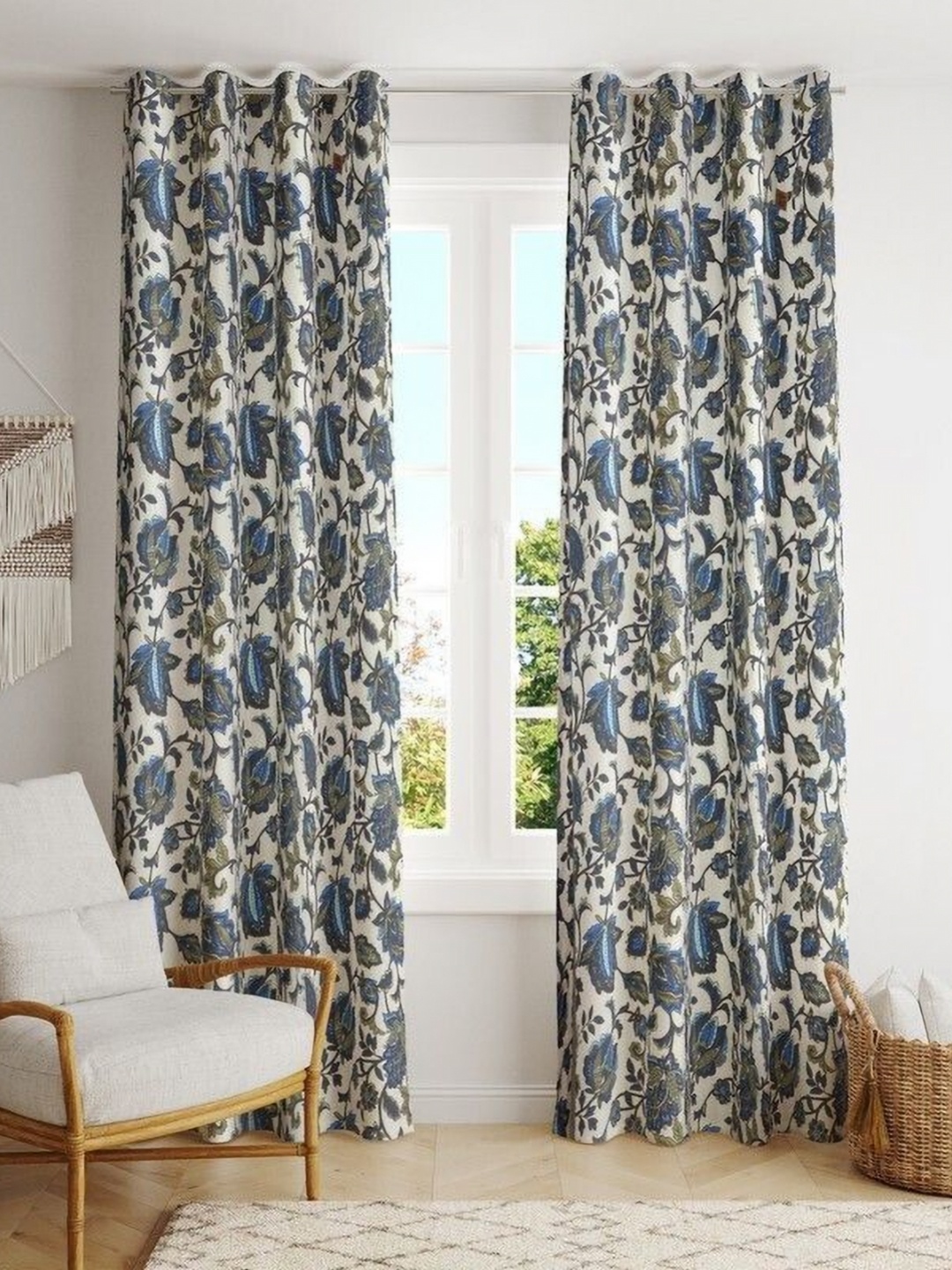 

BILBERRY Furnishing by preeti grover White & Blue Set of 2 Floral Room Darkening Long Door Curtain