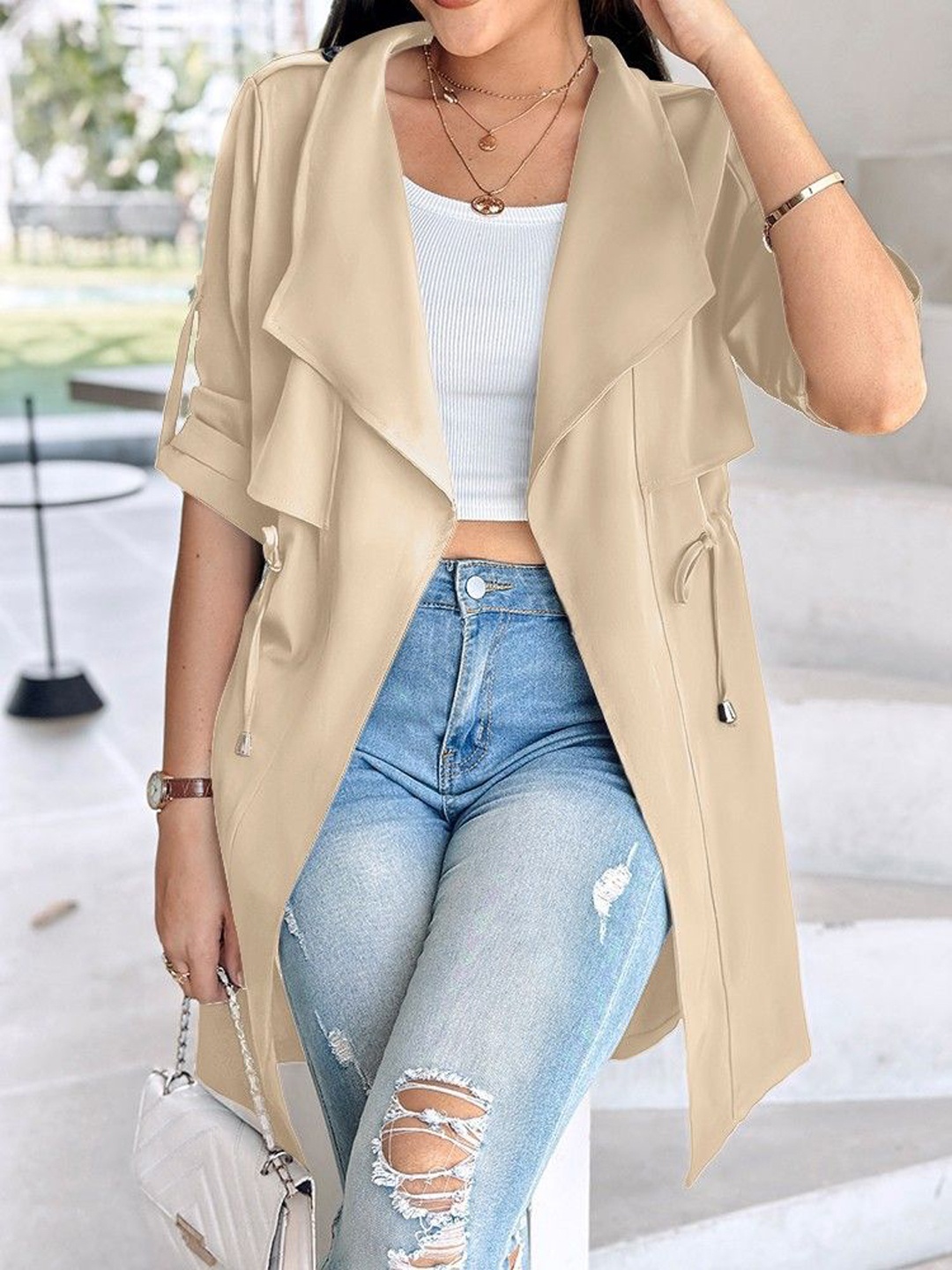 

StyleCast Women Asymmetric Closure Longline Open Front Jacket, Beige