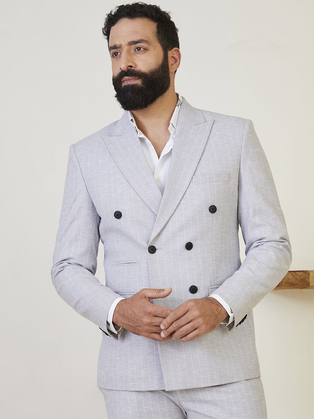 

MR BUTTON Striped Tailored-Fit Double-Breasted Blazer, Grey