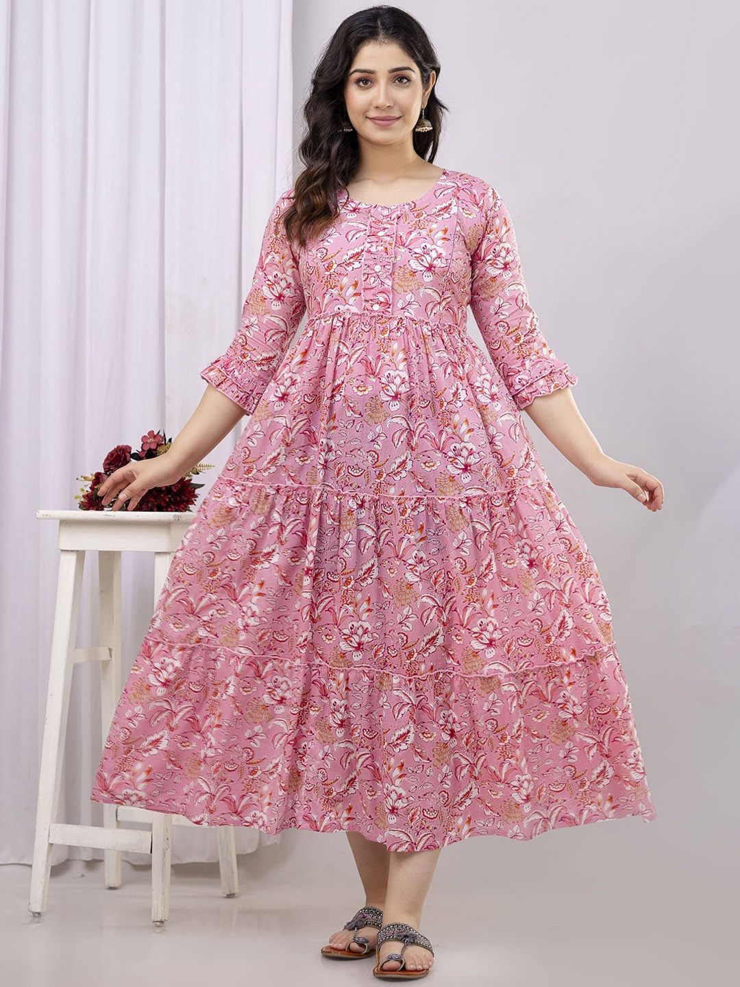 

Henal Women Floral Printed Tiering Maternity Anarkali Kurta, Pink