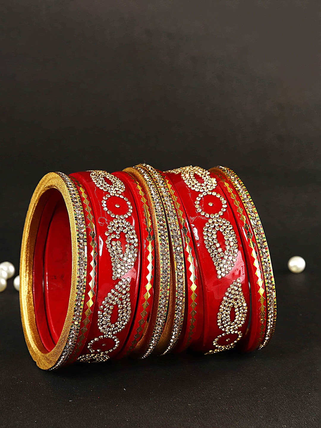 

ZULKA Set of 10 Lac CZ Studded Bangles, Red