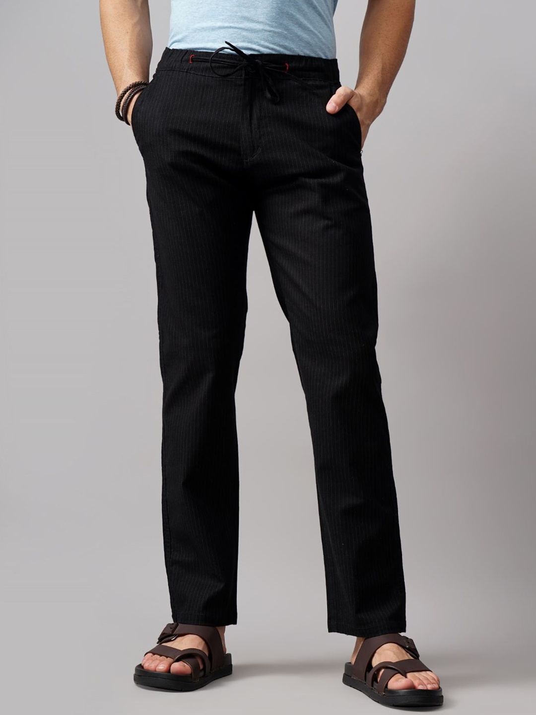 

PAUL STREET Men Striped Relaxed Straight Fit Trousers, Black