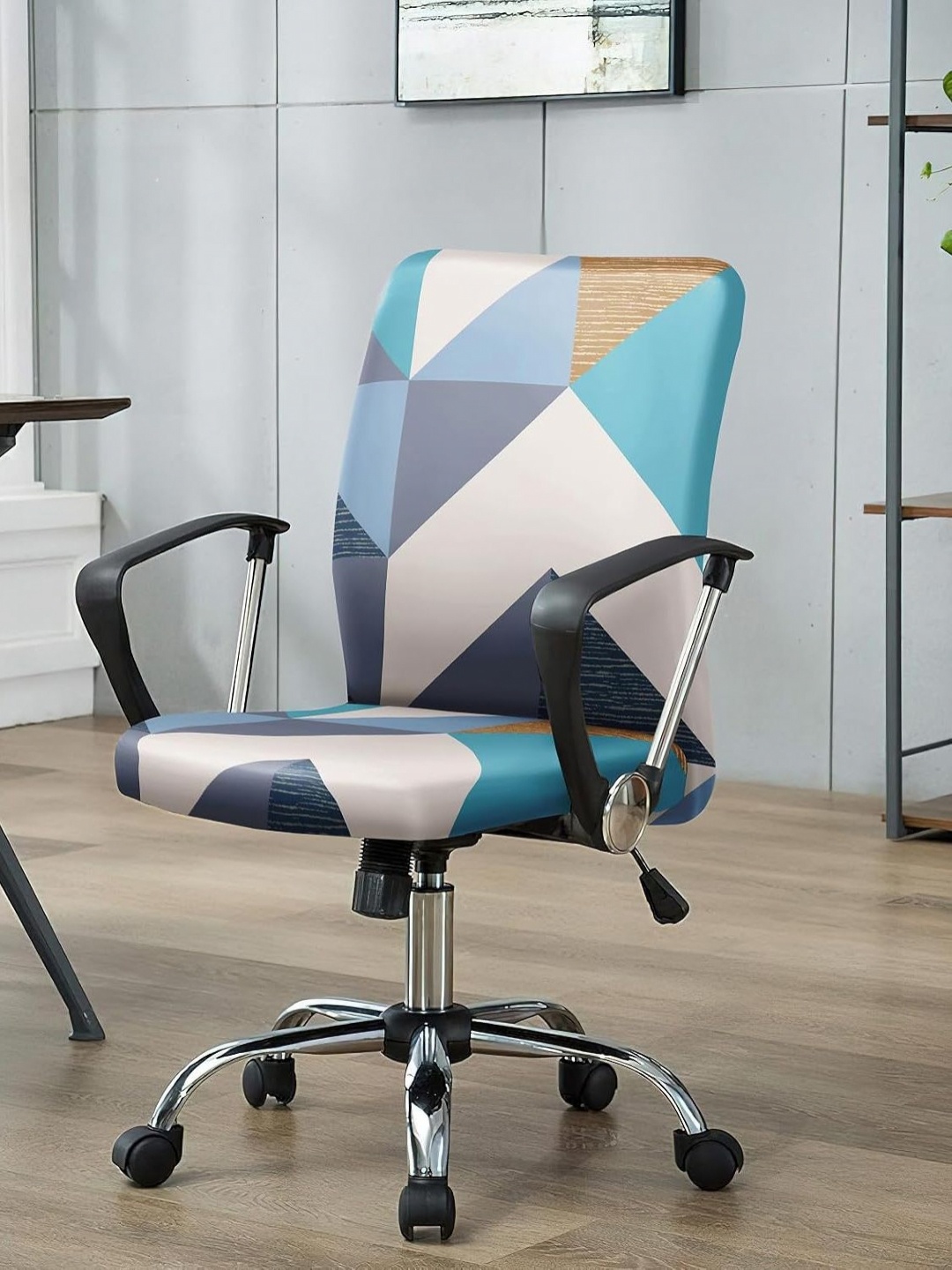 

HOUSE OF QUIRK Grey & Brown Printed Stretchable Desk Chair Cover, Blue