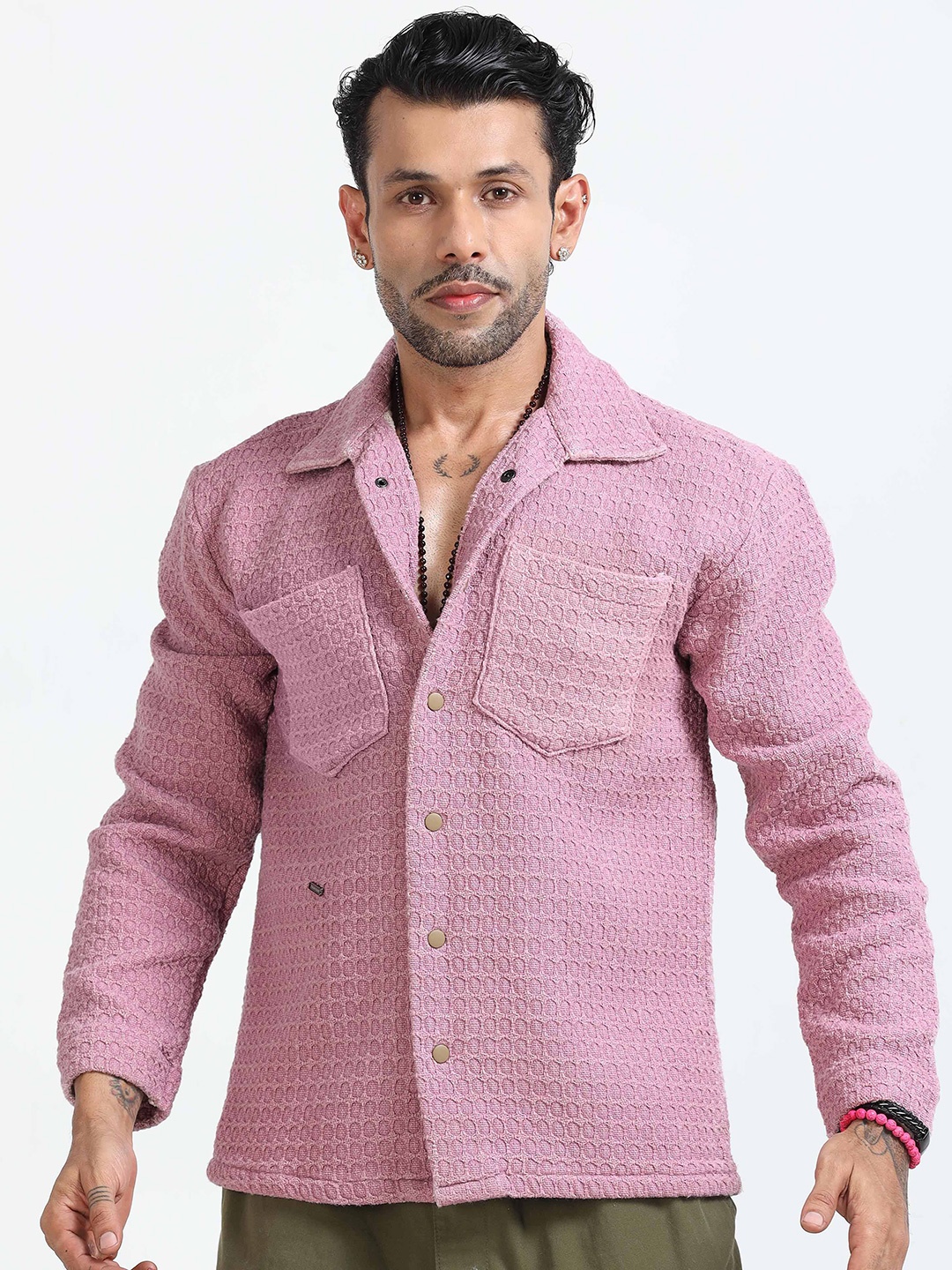 

Italian Colony Elegance Textured Casual Cuban Shacket, Pink