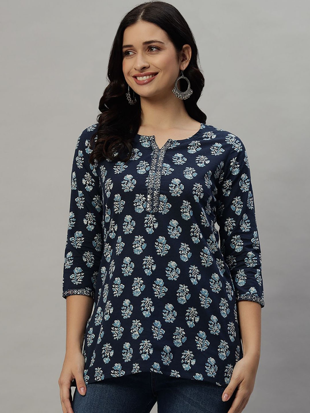 

KBZ Women Floral Embroidered Kantha Work Floral Handloom Kurta, Blue