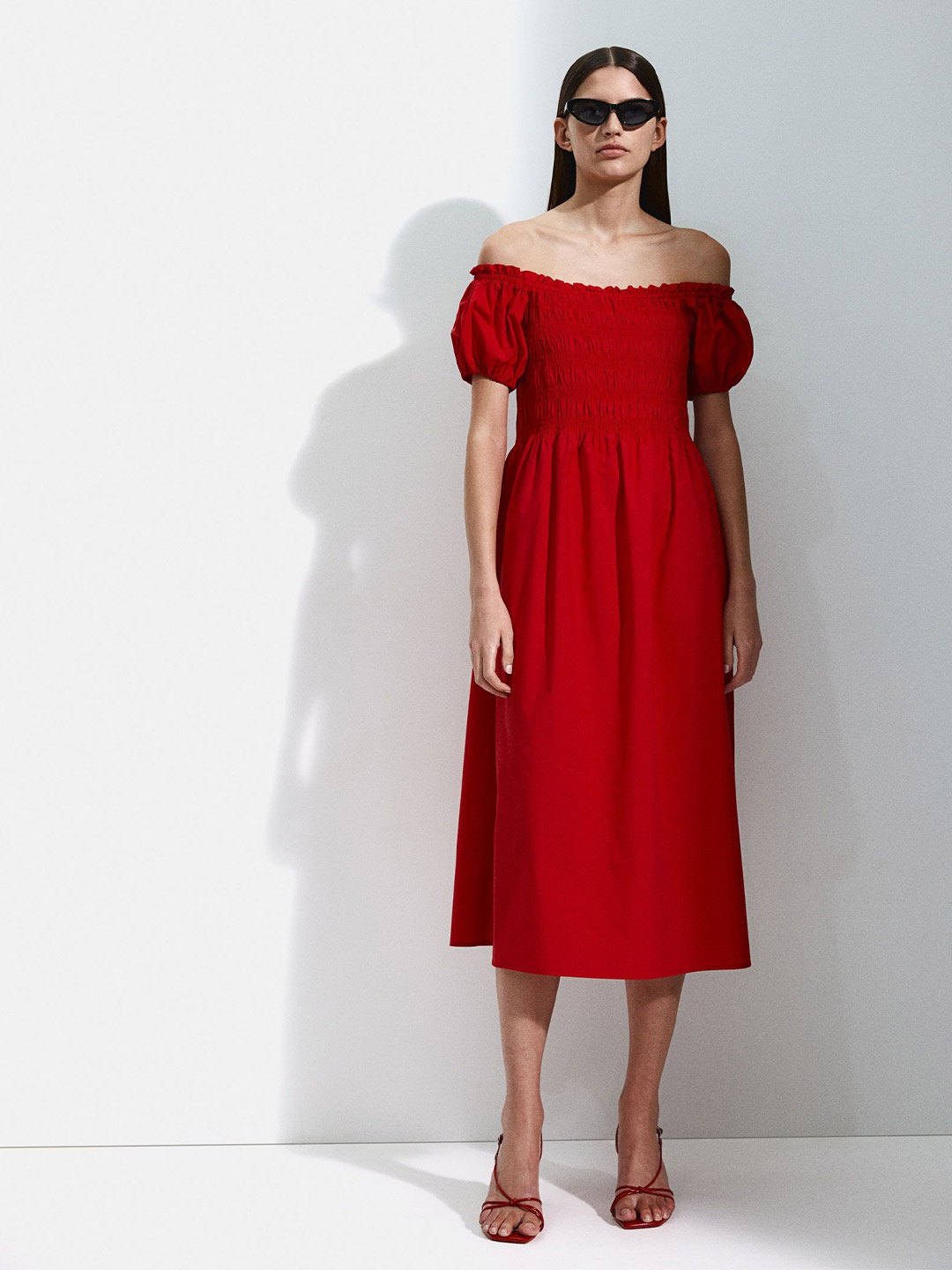 

H&M Smocked Off-The-Shoulder Dress, Red