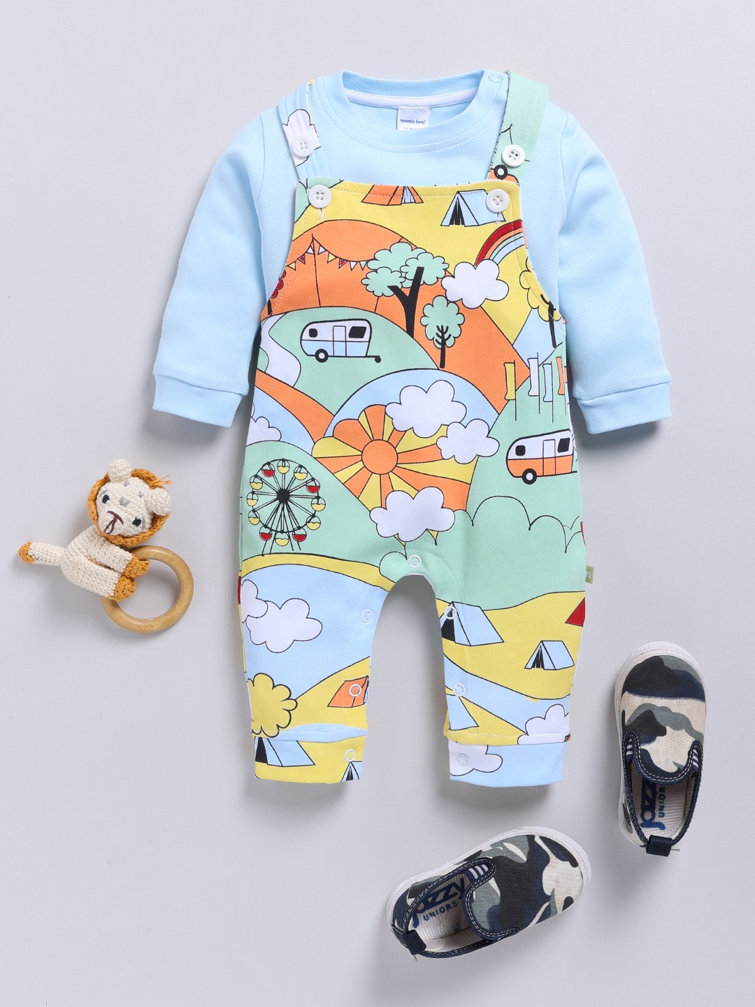 

Moms Love Infant Boys Graphic Printed Cotton Dungaree & Sweatshirt, Blue
