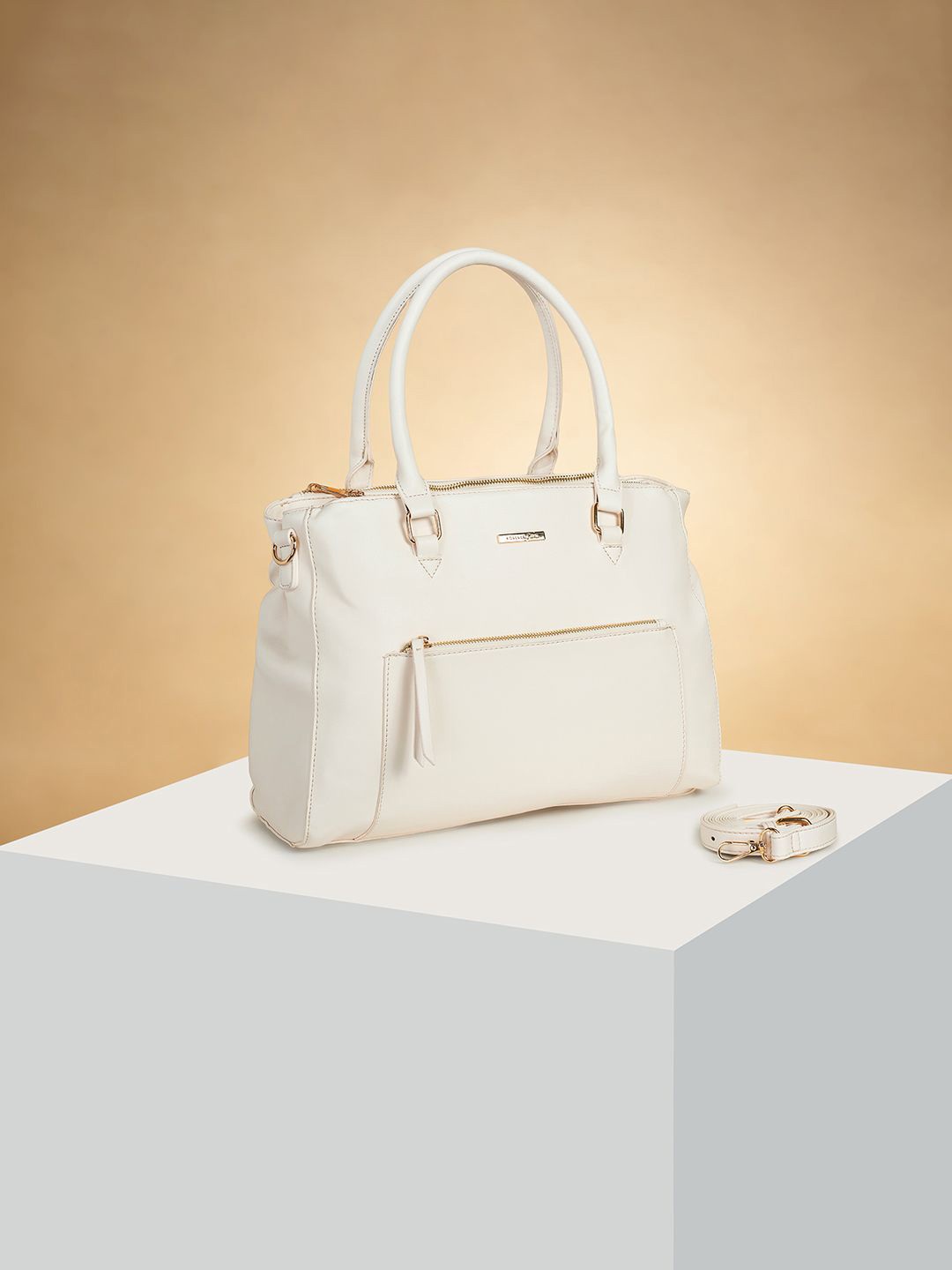 

Forever Glam by Pantaloons Colourblocked PU Oversized Structured Handheld Bag with Cut Work, Off white