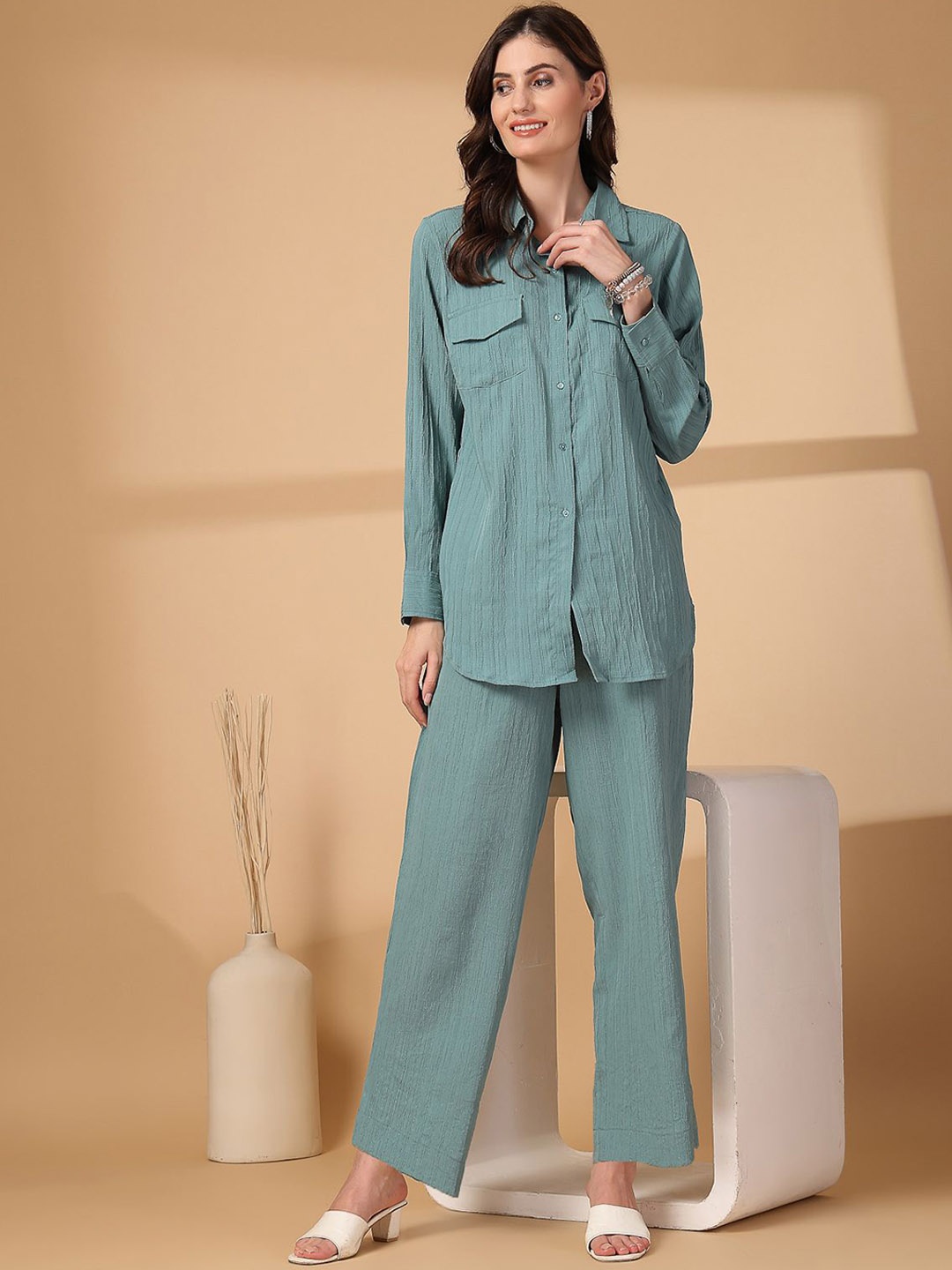 

plusS Shirt Collar Shirt & Trousers Co-Ords, Sea green