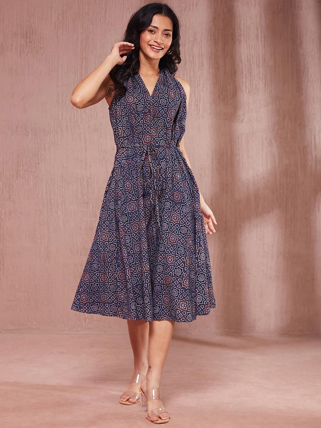 

Fabindia Women Cotton Printed Halter Neck A-Line Midi Dress, Blue