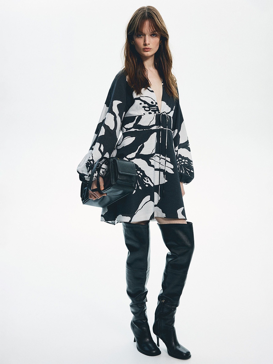 

H&M Printed V-Neck Mini Dress, Black