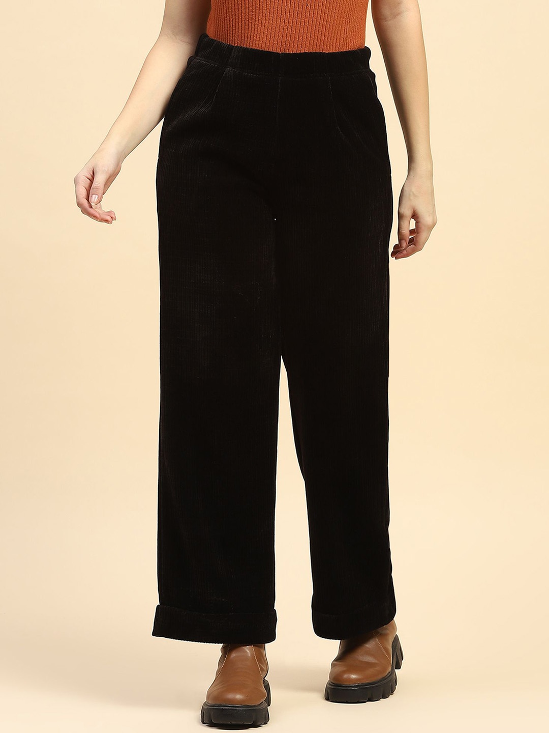 

Global Republic Women Striped Smart Loose Fit High-Rise Trousers, Black