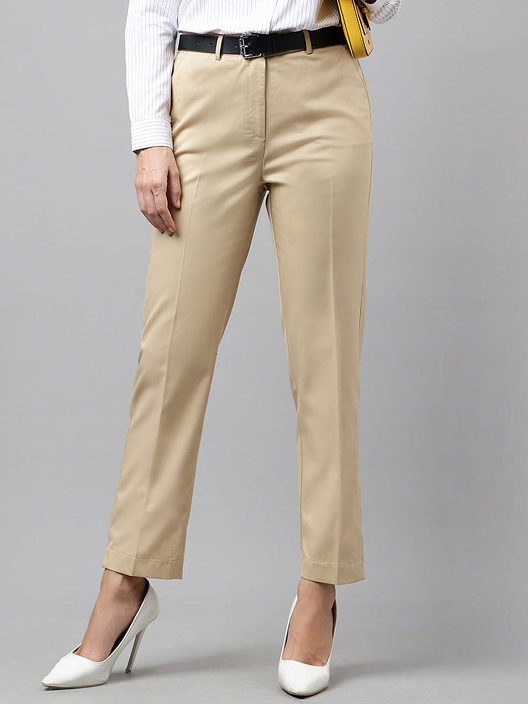

English Navy Women Tailored Slim Fit High-Rise Trousers, Beige
