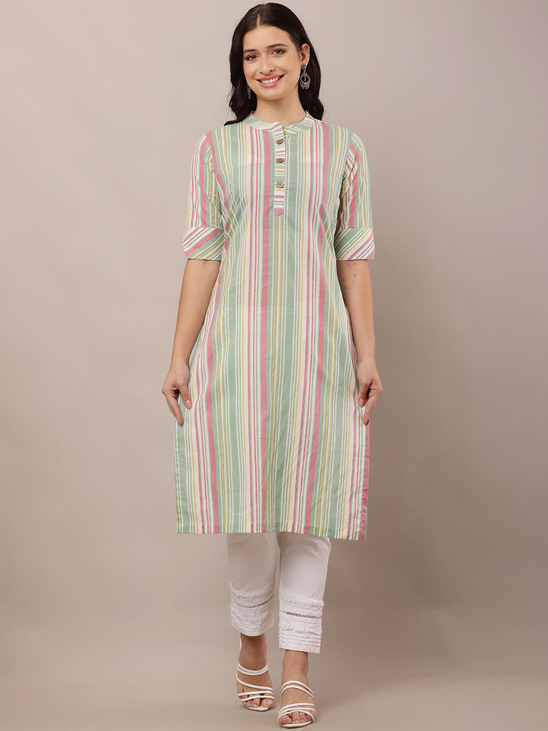 

HELLO DESIGN Striped Mandarin Collar Cotton Straight Kurta, Green