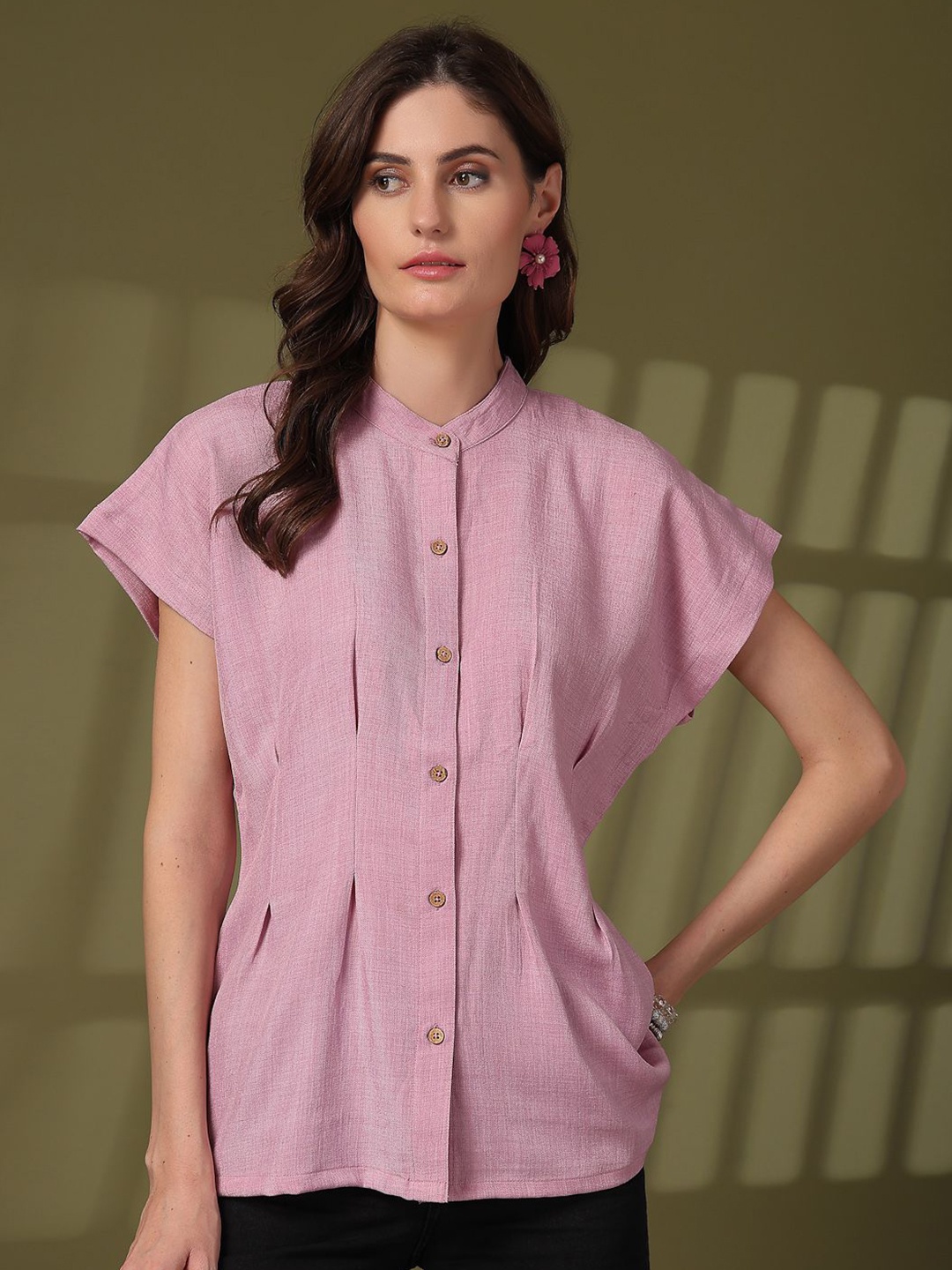 

plusS Mandarin Collar Cotton Top, Pink