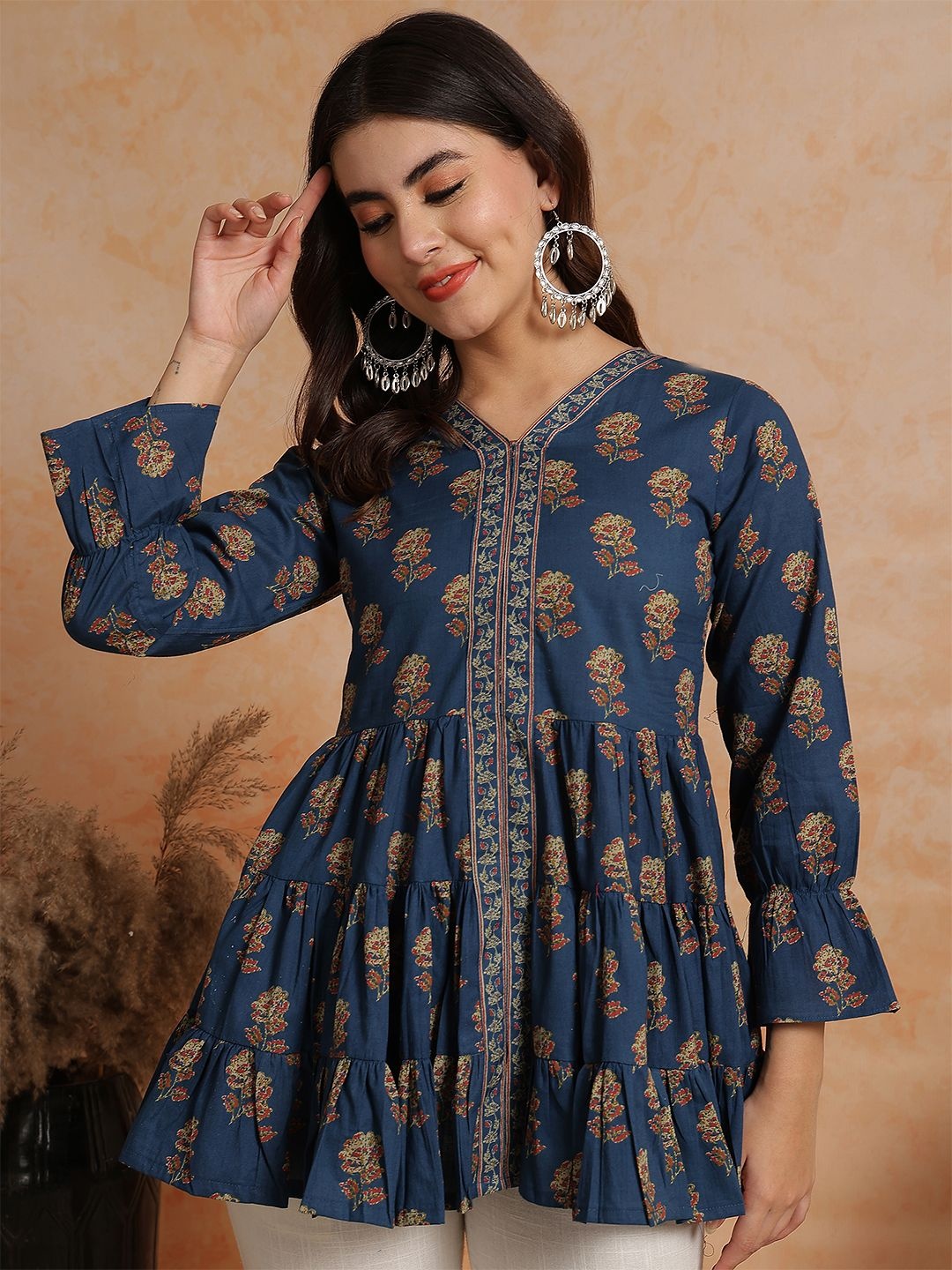 

NISHABD Floral Print Puff Sleeve Cotton Tiered Top, Navy blue