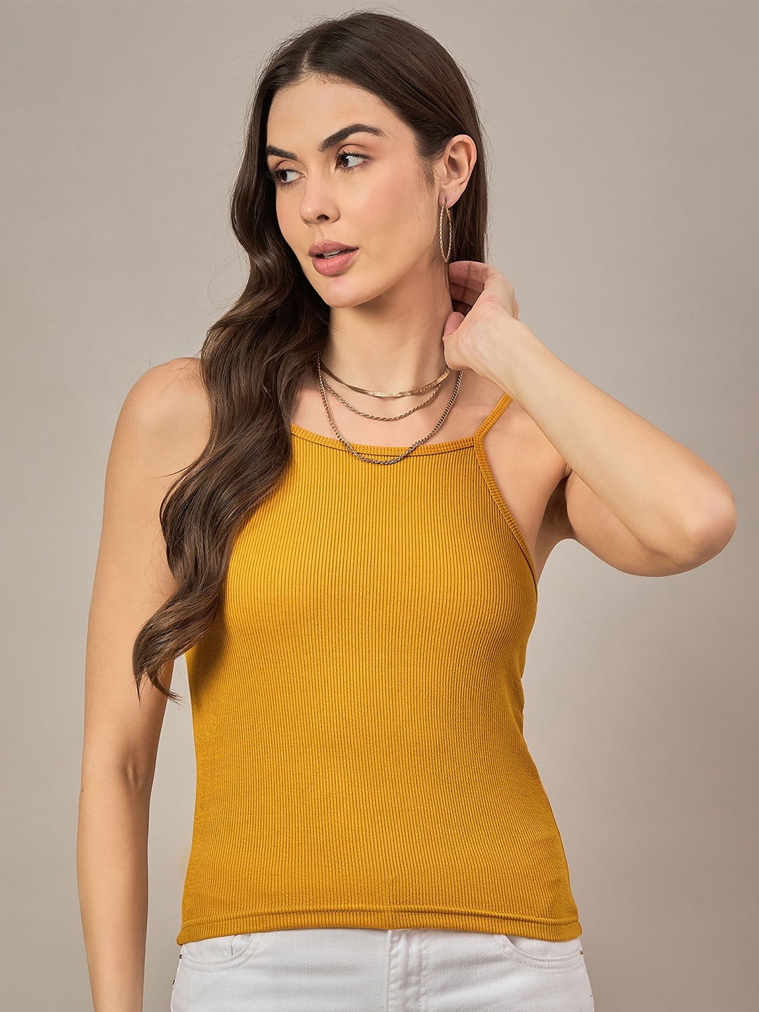 

The Roadster Lifestyle Co Women Striped Shoulder Straps Top, Mustard