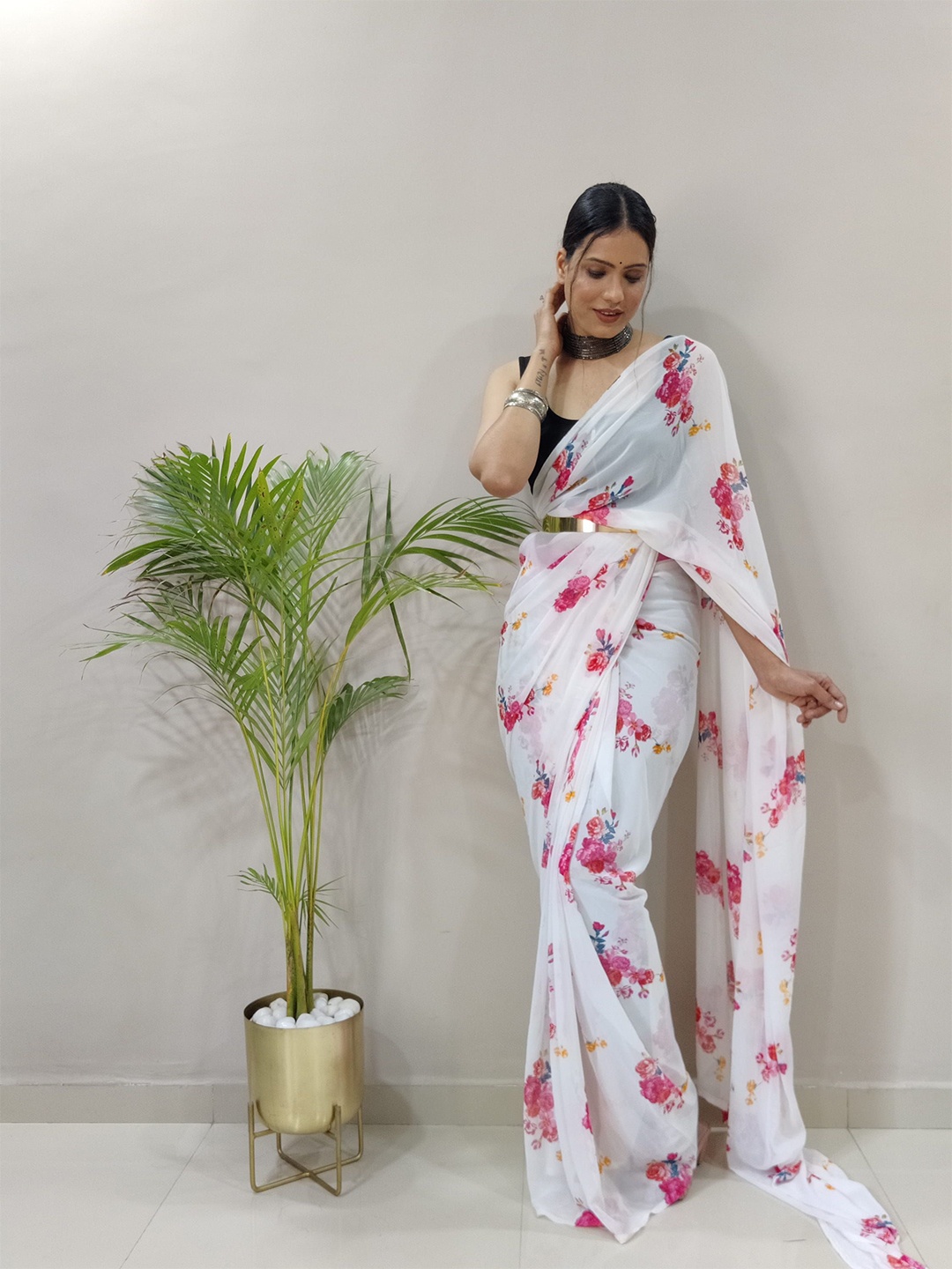 

KALINI Floral Printed Pure Georgette Ready to Wear Saree, White
