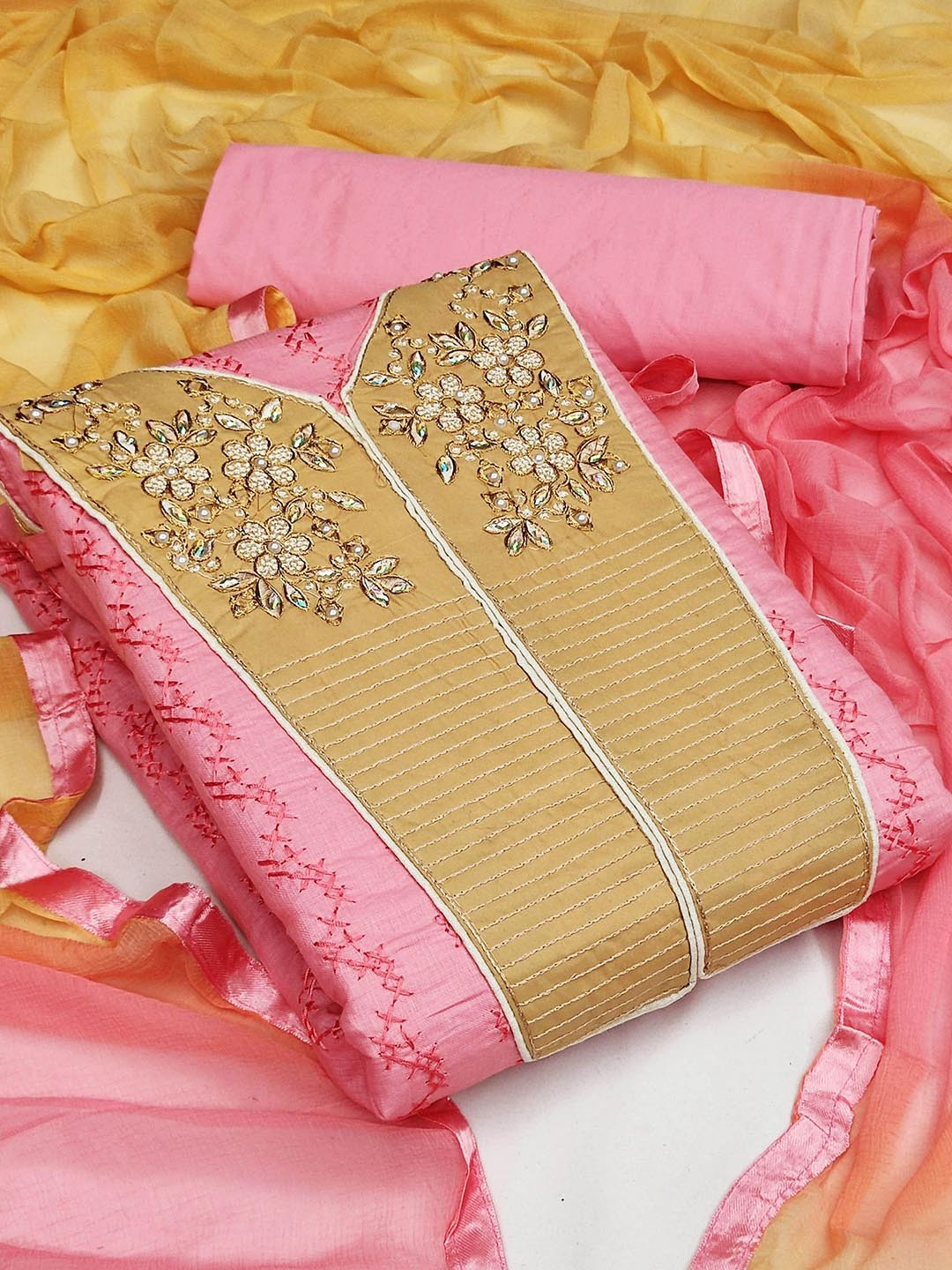 

Maroosh Floral Embroidered Beads and Stones Unstitched Dress Material, Pink