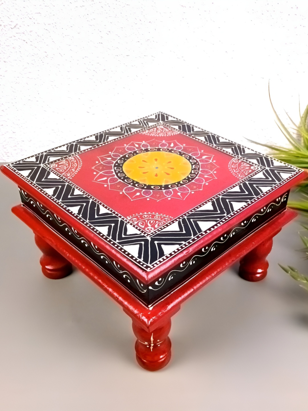 

apka mart Red & Black Wooden Pooja Chowkie