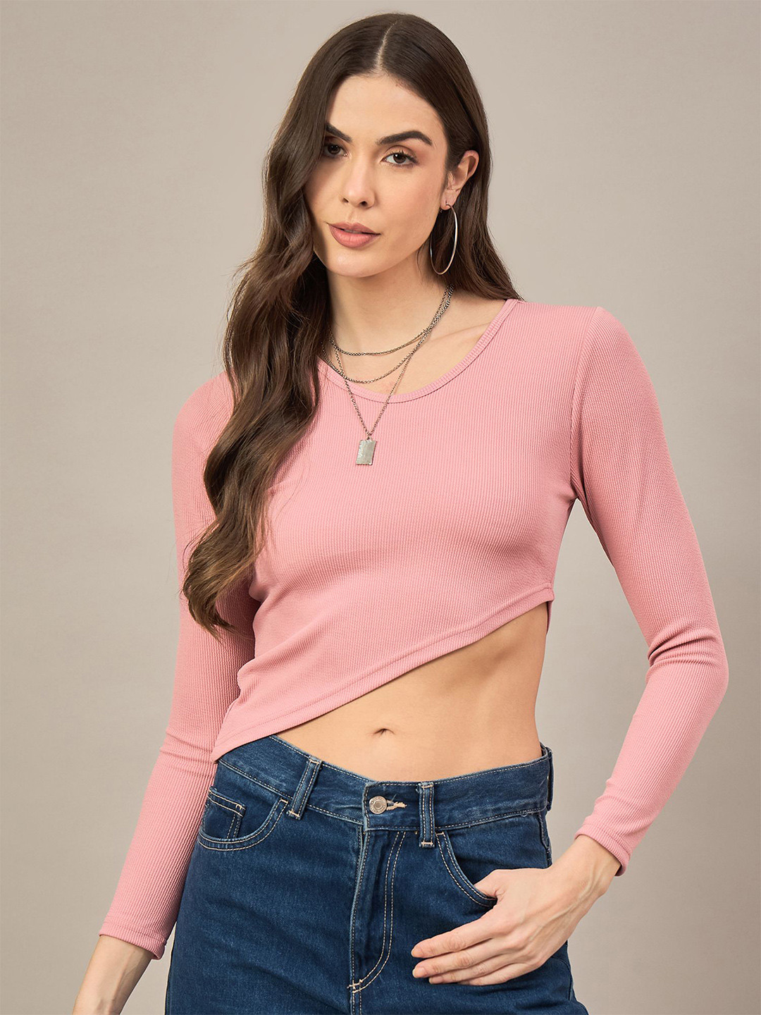 

The Roadster Lifestyle Co Women Round Neck Long Sleeves Crop Top, Pink