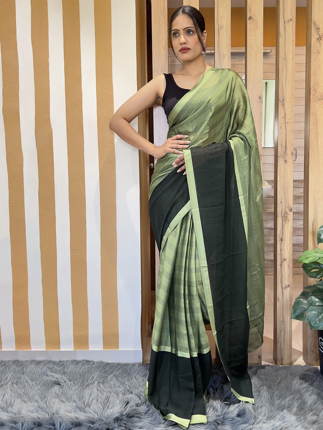 

KALINI Striped Pure Chiffon Ready to Wear Saree, Green